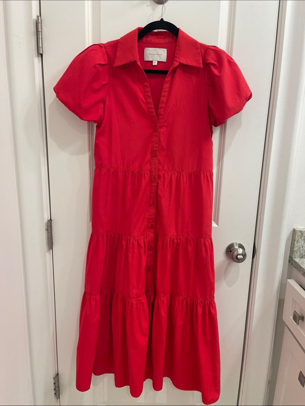 Brochu Walker Bright Red Tiered Button-Down Midi Dress
